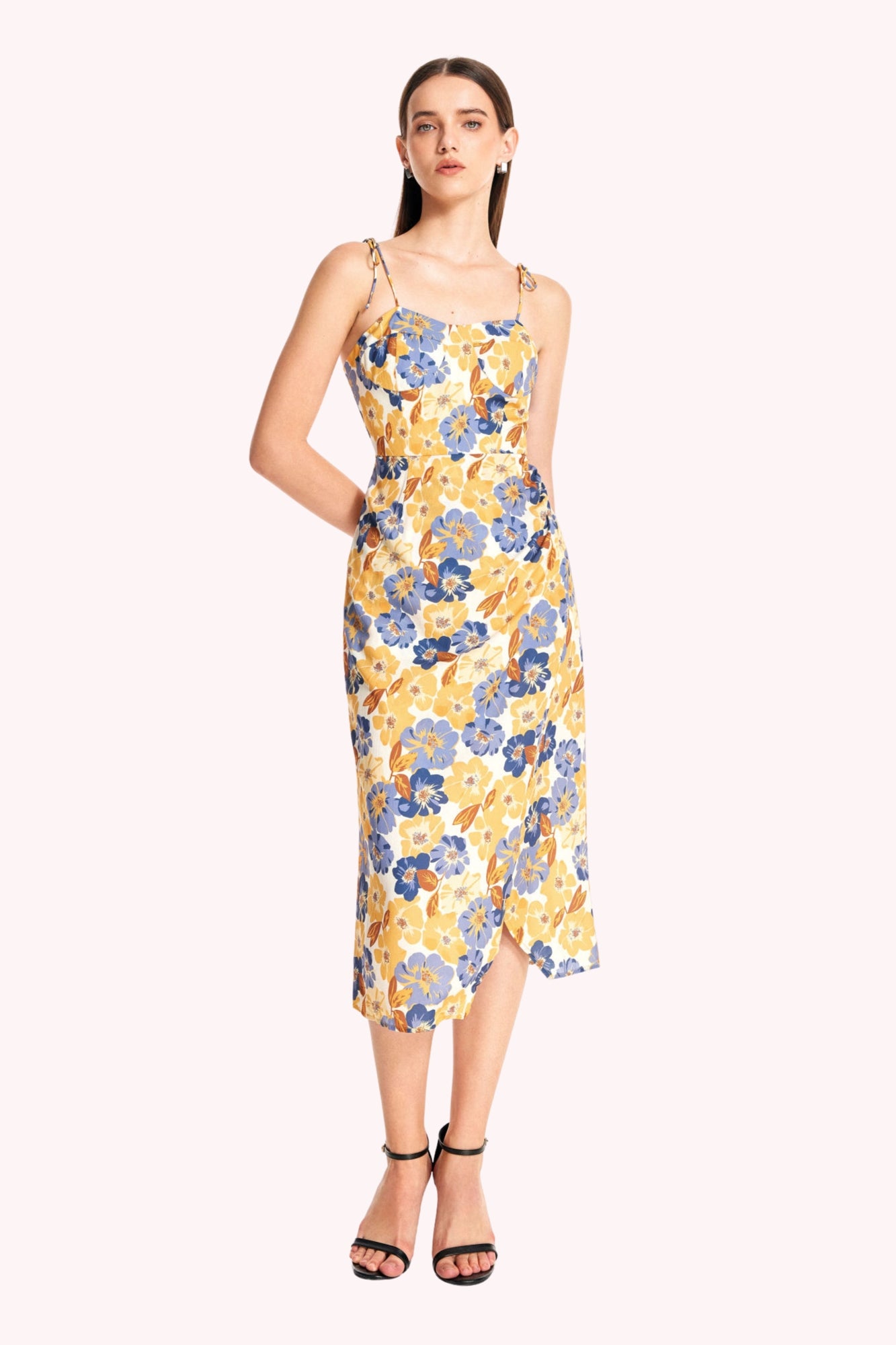 Floral Tie Shoulder Slit Midi Dress