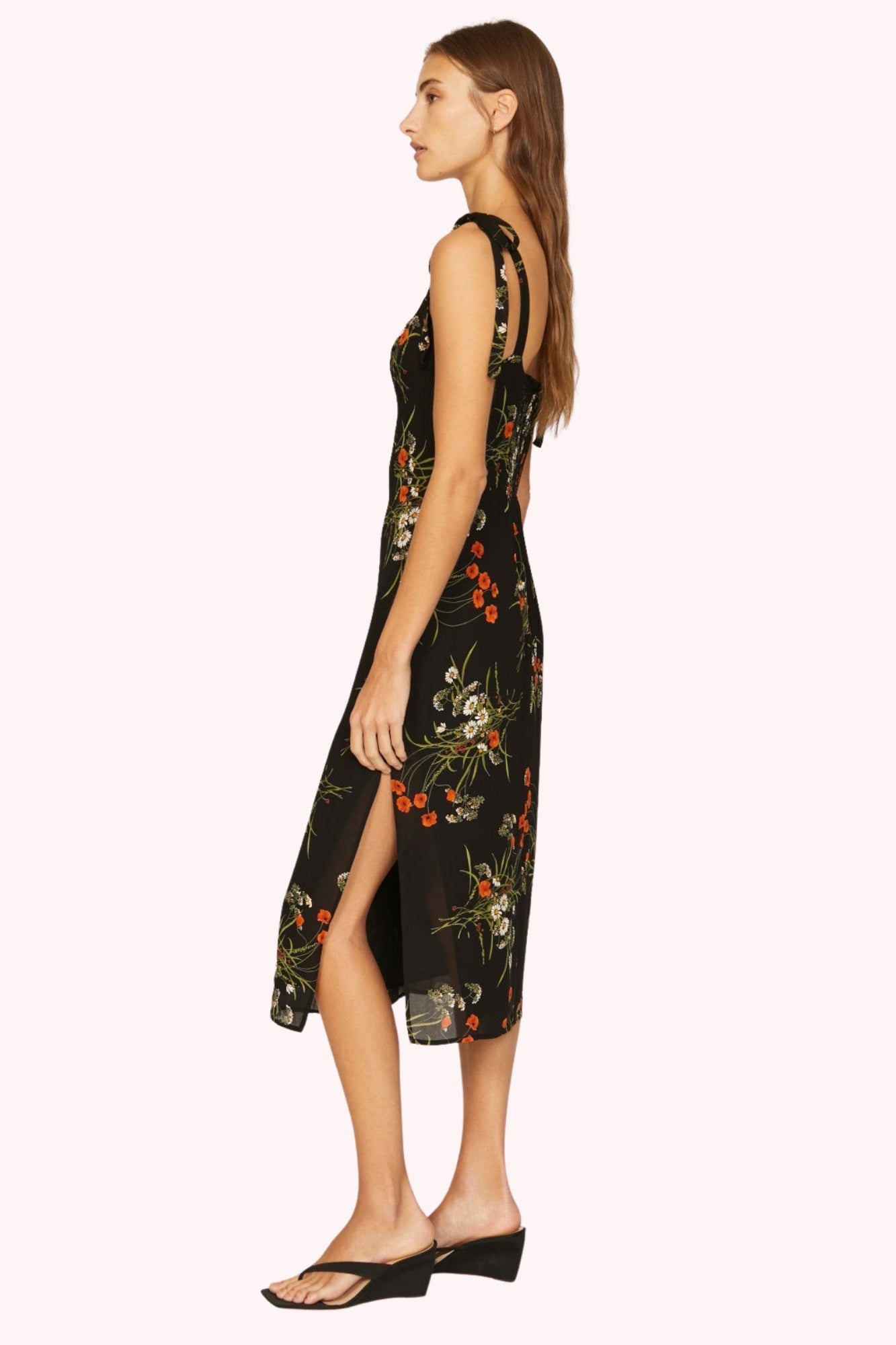 Floral Tie Shoulder Slit Midi Dress
