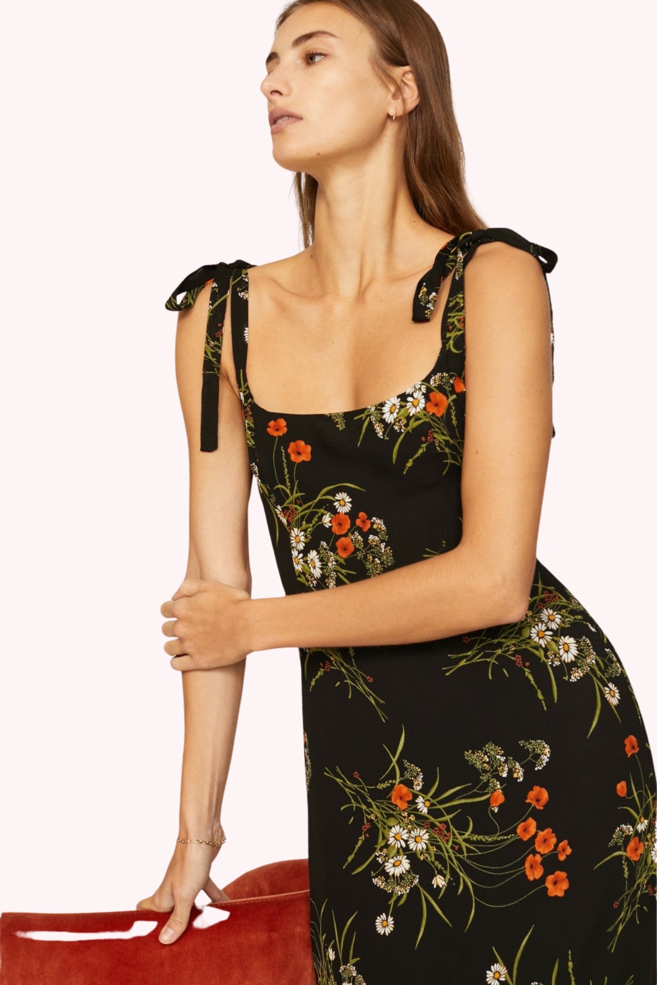 Floral Tie Shoulder Slit Midi Dress