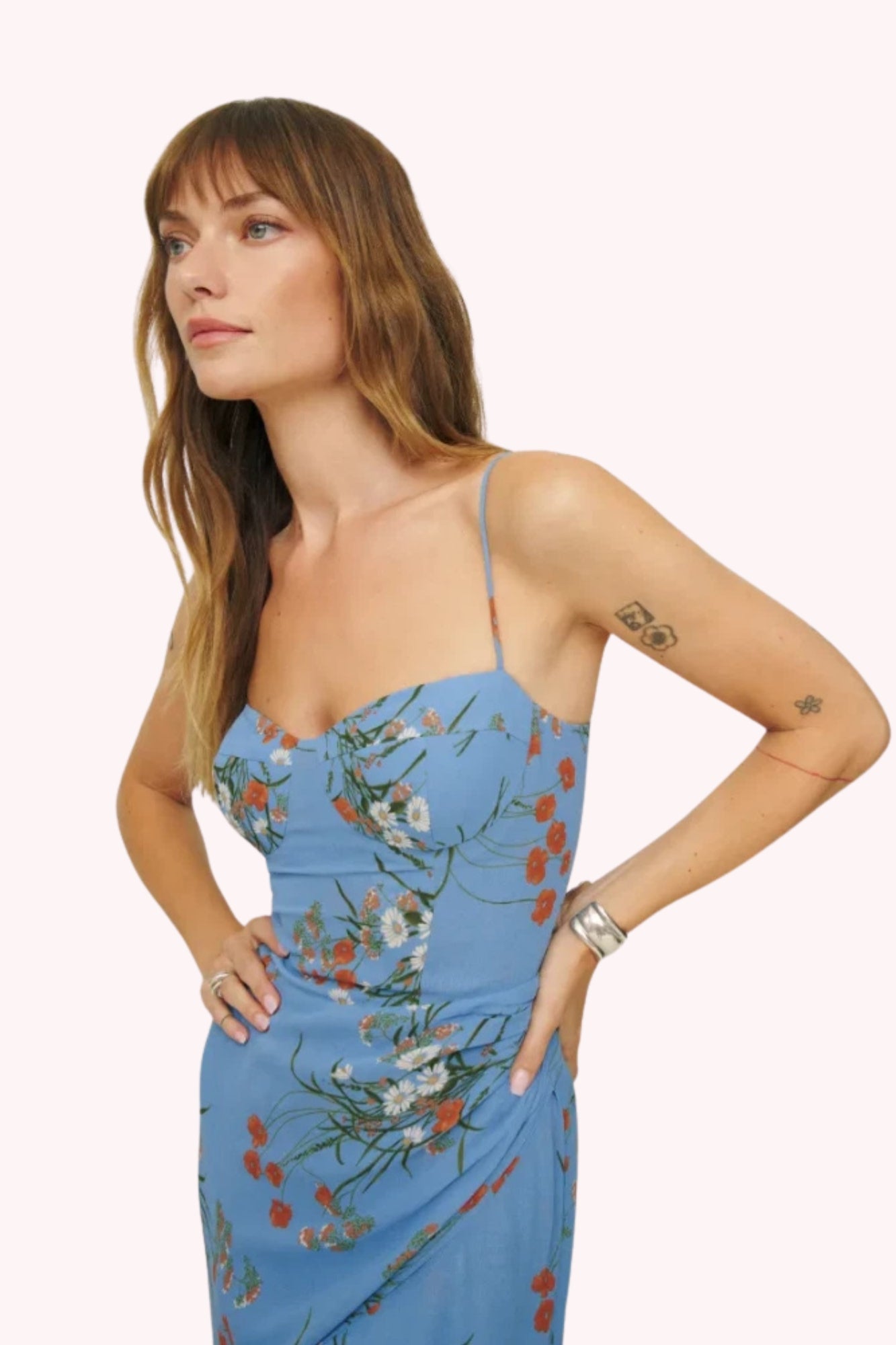 Floral Tie Shoulder Slit Midi Dress