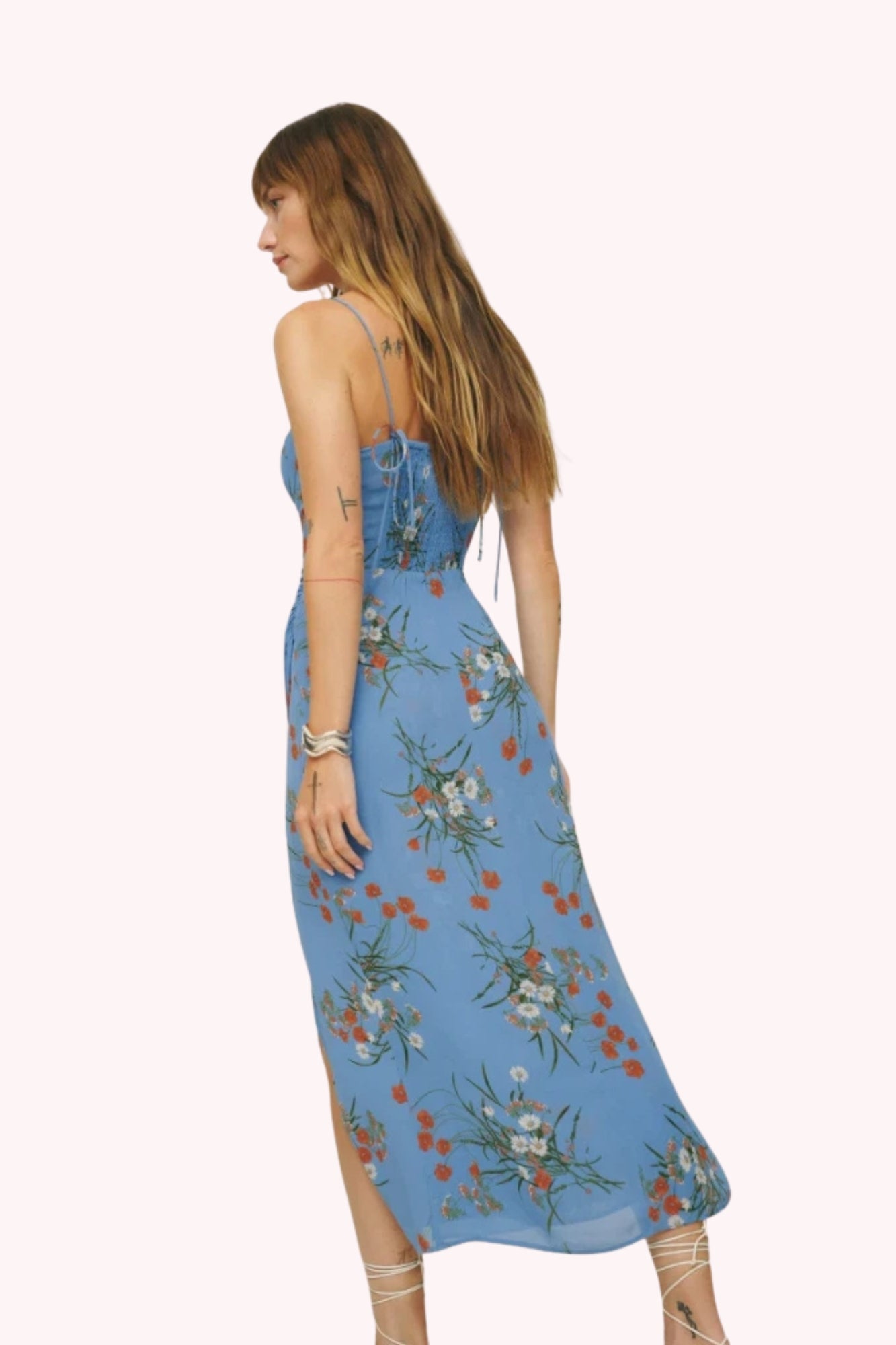 Floral Tie Shoulder Slit Midi Dress