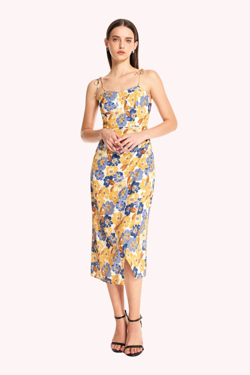 Floral Tie Shoulder Slit Midi Dress