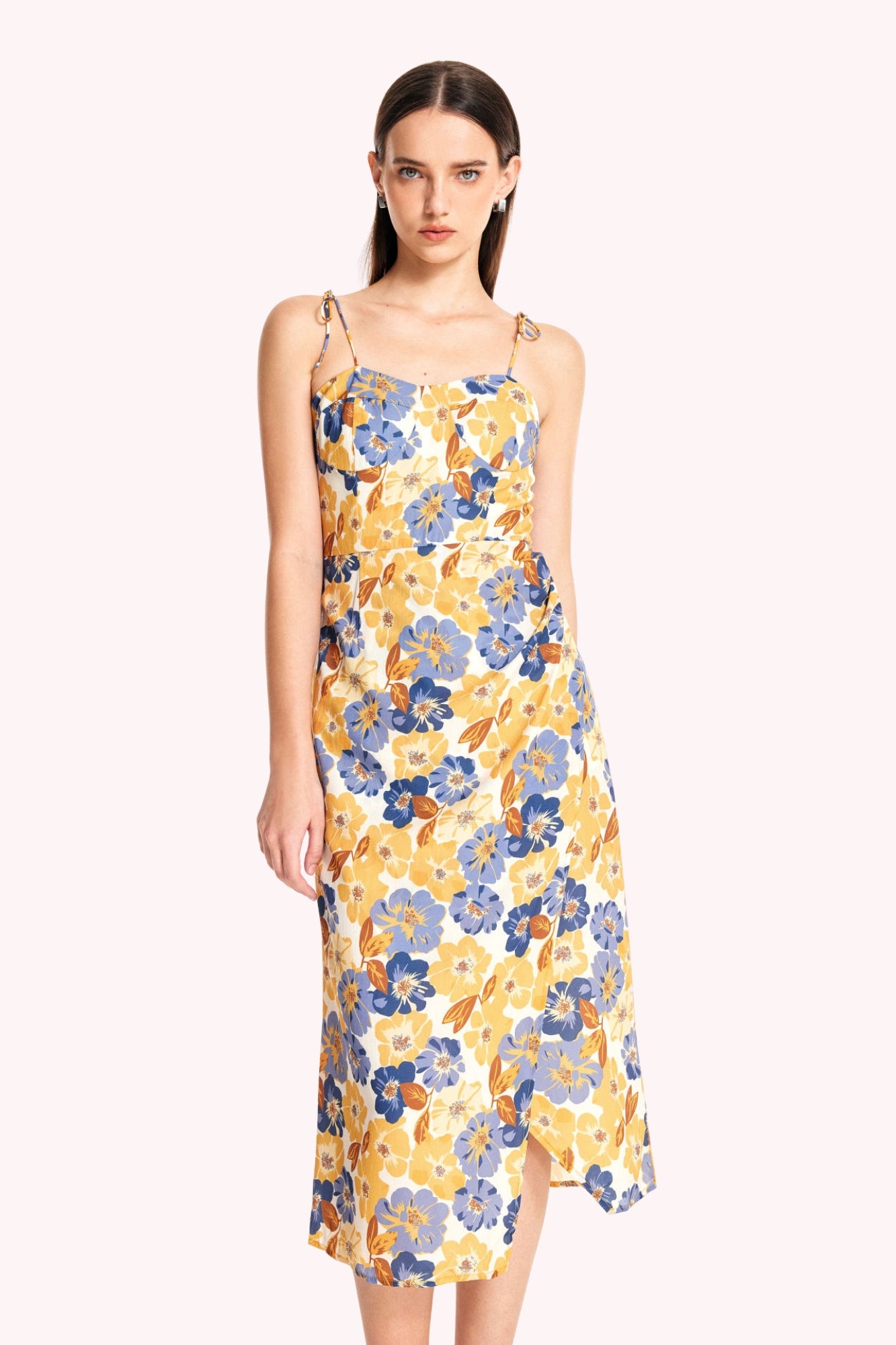 Floral Tie Shoulder Slit Midi Dress