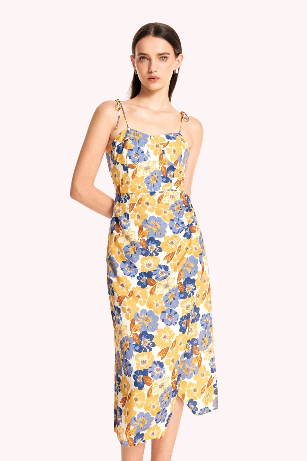 Floral Tie Shoulder Slit Midi Dress