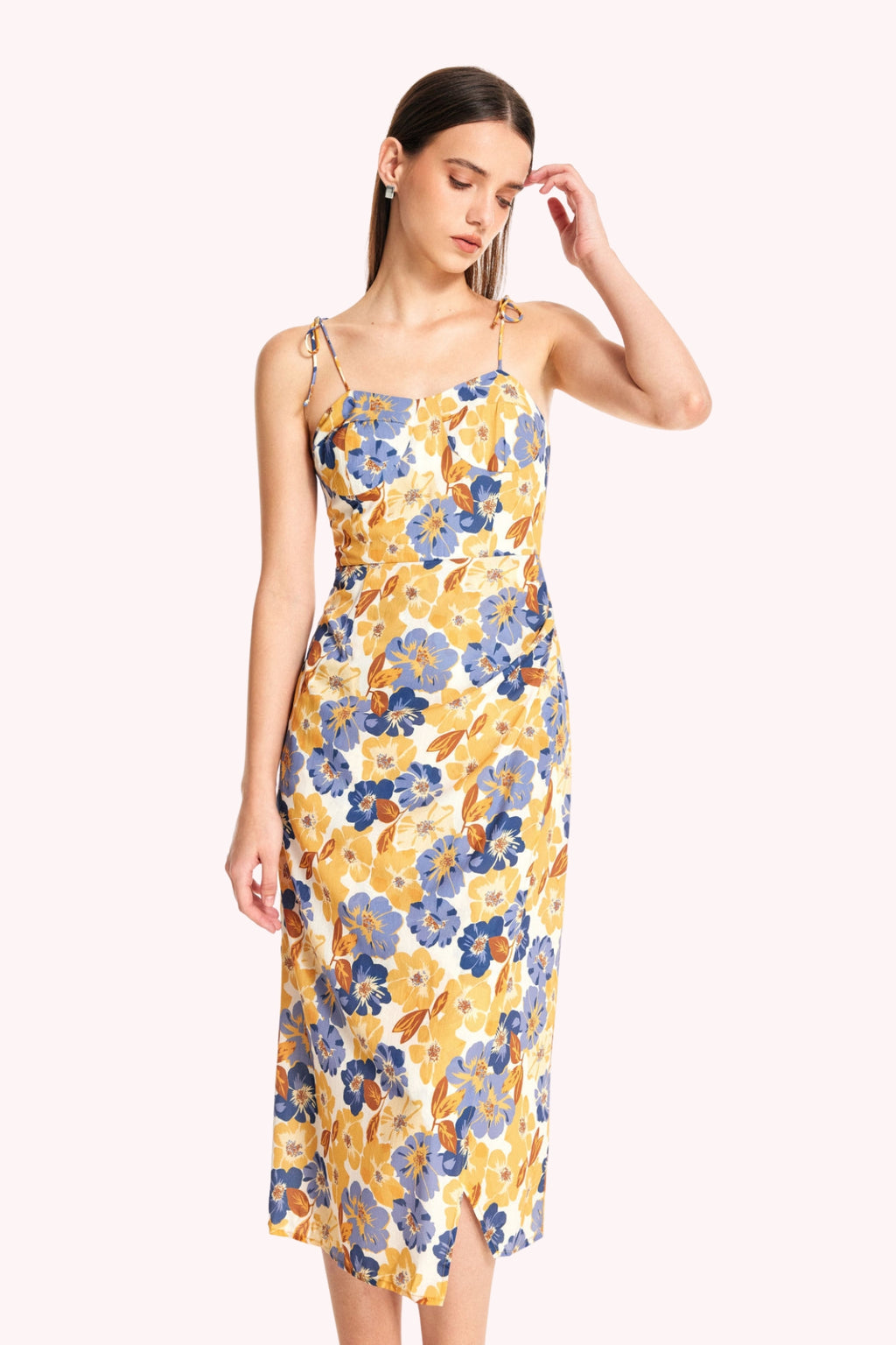 Floral Tie Shoulder Slit Midi Dress