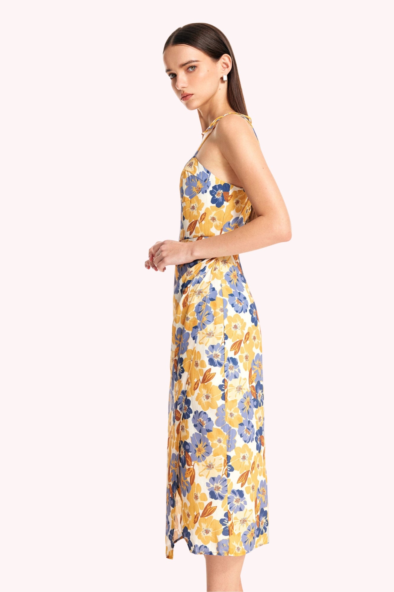 Floral Tie Shoulder Slit Midi Dress