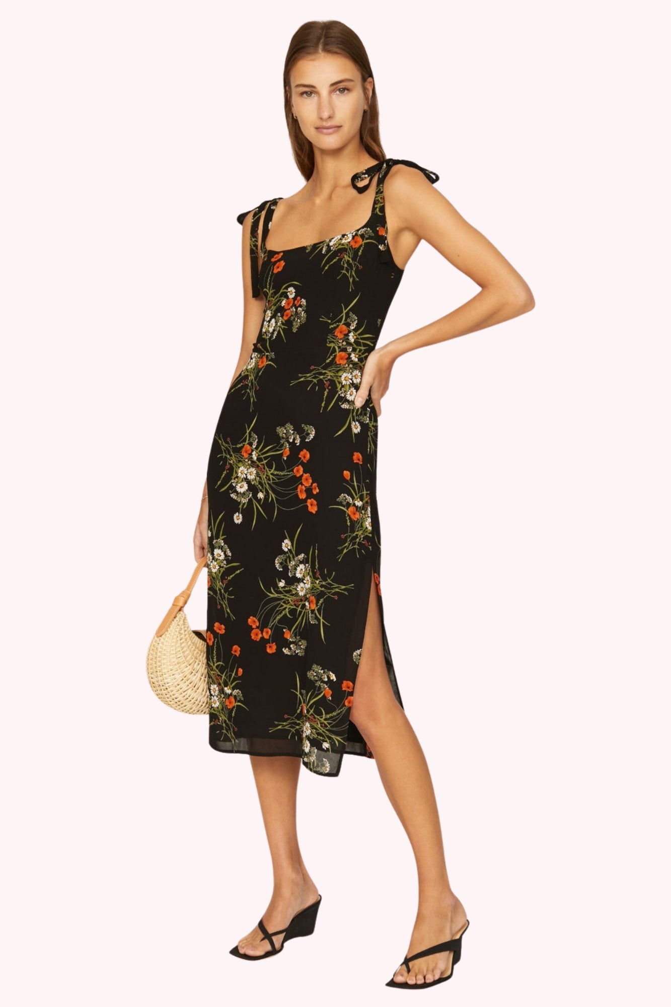 Floral Tie Shoulder Slit Midi Dress