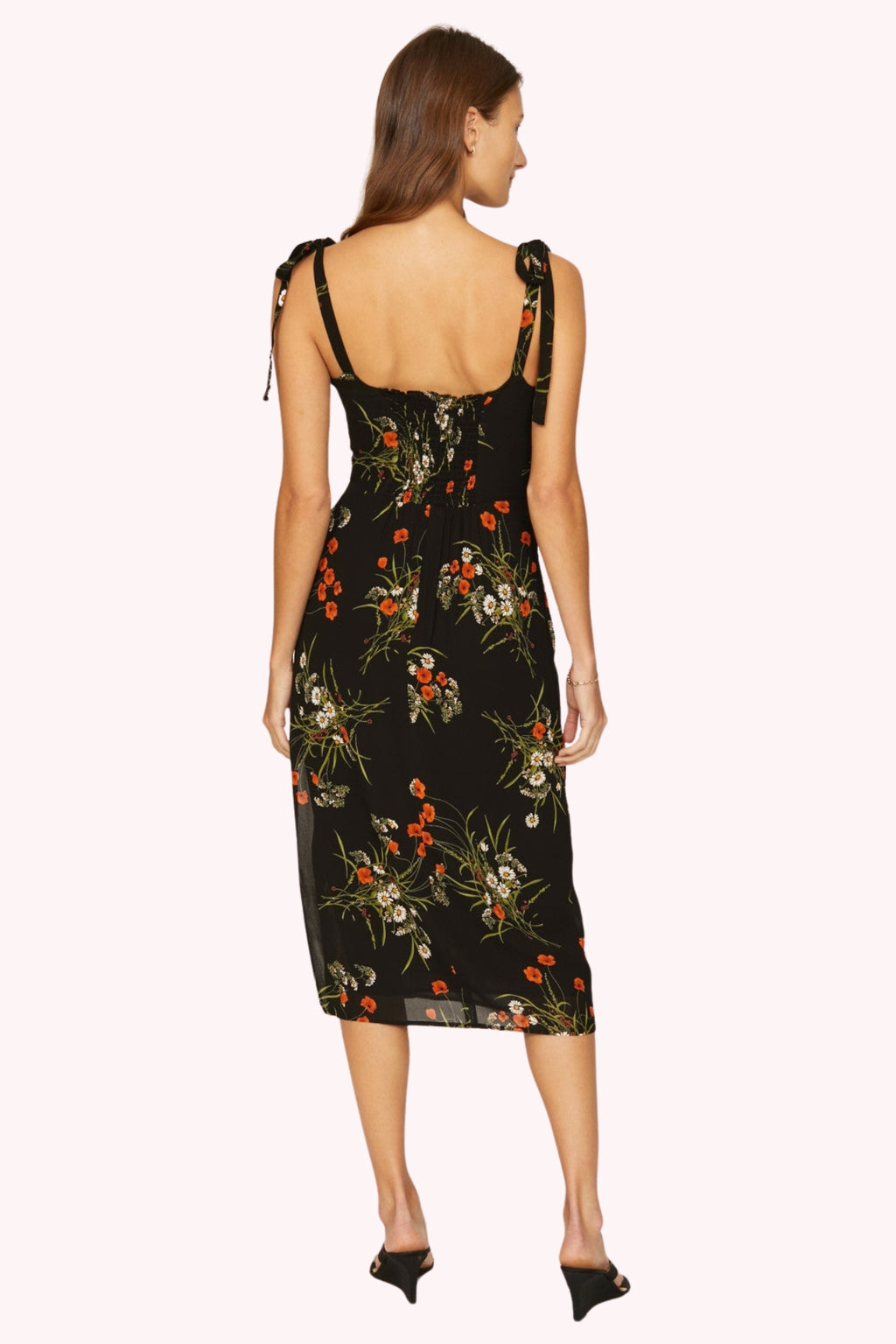Floral Tie Shoulder Slit Midi Dress